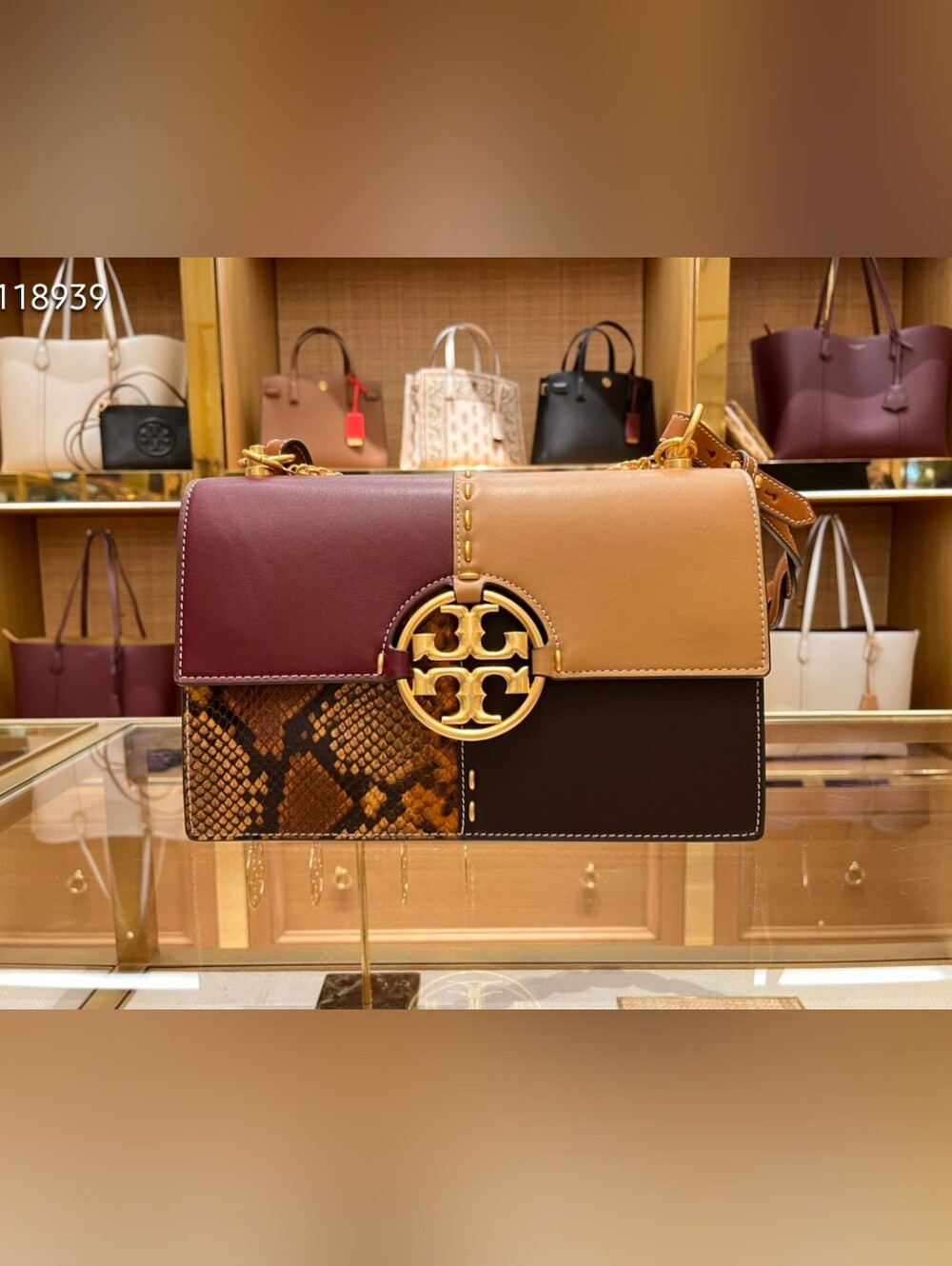 Tory Burch Miller Large Colorblock in Burgundy, Tan, Brown and Snake-Printm